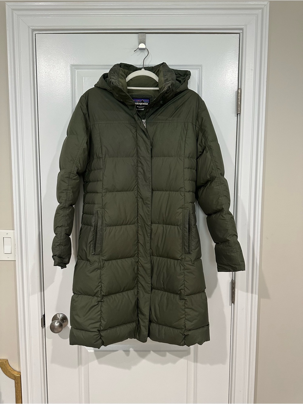 Patagonia Women's Olive Green Down Coat with Hood